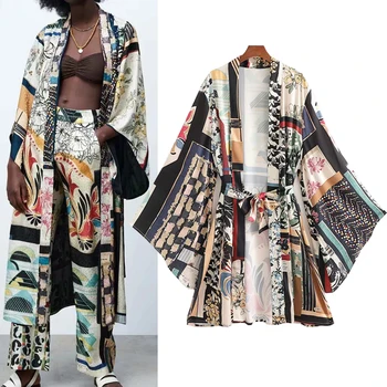 Za 2021 ženska Majica Oversize Črna Mozaik Kimono Dolgo Bluze za Ženske Priložnostne Poletje Plaža Pasu Batwing Long Sleeve Majica