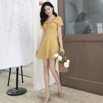Koreja Poletje Seksi Kratke Obleke A-Line Plus Velikost Ženske Haljo Oblačila 2021 Novo Kariran Obleko Sladko Sukienka Vestidos De Mujer Priložnostne