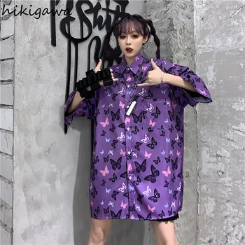 Hikigawa Womens Vrhovi Metulj Tiskanje Camisas Mujer Korejski Moda Bluze Prevelik Harajuku Srajce Japonska Goth Blusas 19186