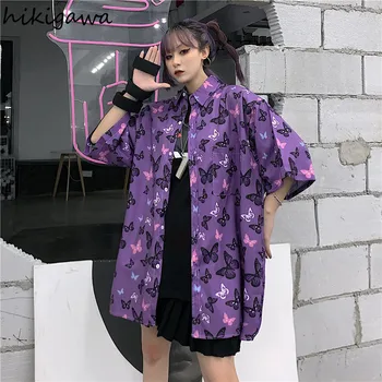 Hikigawa Womens Vrhovi Metulj Tiskanje Camisas Mujer Korejski Moda Bluze Prevelik Harajuku Srajce Japonska Goth Blusas