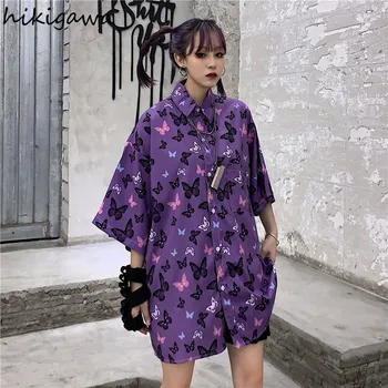 Hikigawa Womens Vrhovi Metulj Tiskanje Camisas Mujer Korejski Moda Bluze Prevelik Harajuku Srajce Japonska Goth Blusas
