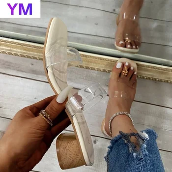 PVC Sandali Ženske Kvadratni Toe Jasno Krog Pete Stilettos Seksi Sandali 2021 Poletne Sandale Zapatos De Mujer Tacon 43 Pregledni