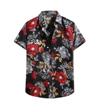 Moške Majice Kratek Rokav Hawaiian Beach Cvet Majica Priložnostne Letnik Tiskanja Jopico Gumb Zavoj Navzdol Ovratnik Shirt Mens Oblačila