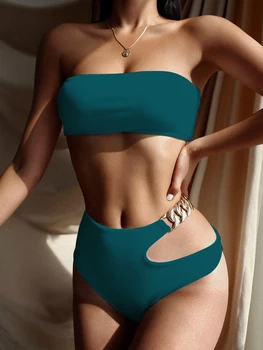 2021 Seksi Verige Bandeau Bikini Belušno Kopalke Ženske Visoko Pasu Bikini Komplet Kopalk Ženski Push Up Kopalke Bather Biquini