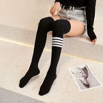 TB bombaž dame nogavice asimetrični štiri bar horizontalnih trakov nad kolena priložnostne nogavice stegno nogavice kolegij moda nogavice
