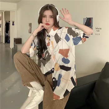 Korejski Moda za Ženske Vseh tekmo Bluzo Tiskanje Kratkimi rokavi Ženske Bluzo Svoboden Rokavi Ženske Bluzo Retro Kratka sleeved Majica 20946
