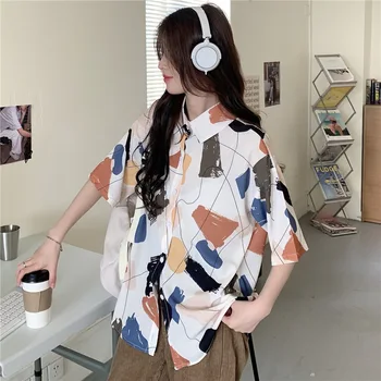 Korejski Moda za Ženske Vseh tekmo Bluzo Tiskanje Kratkimi rokavi Ženske Bluzo Svoboden Rokavi Ženske Bluzo Retro Kratka sleeved Majica