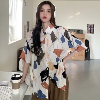 Korejski Moda za Ženske Vseh tekmo Bluzo Tiskanje Kratkimi rokavi Ženske Bluzo Svoboden Rokavi Ženske Bluzo Retro Kratka sleeved Majica