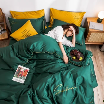 2021 Štiri-delni posteljni preprost bombaž dvojno gospodinjski posteljo stanja odeja kritje vezene cevovodi udobno posteljnino temno zelena