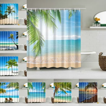 240X180CM kopalnica tuš zavesa poliester nepremočljiva zavese, morje, plaža palmovih listov tiskanje doma dekoracijo zaves s kavljem 21277
