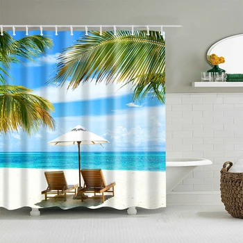 240X180CM kopalnica tuš zavesa poliester nepremočljiva zavese, morje, plaža palmovih listov tiskanje doma dekoracijo zaves s kavljem