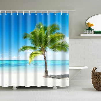 240X180CM kopalnica tuš zavesa poliester nepremočljiva zavese, morje, plaža palmovih listov tiskanje doma dekoracijo zaves s kavljem