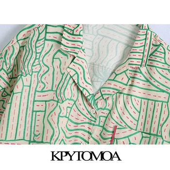 KPYTOMOA Ženske 2021 Modni Z Žepi Natisnjeni Prevelik Rastlinske Vintage Bluze Kratek Rokav Gumb-up Ženske Majice Elegantna Vrhovi