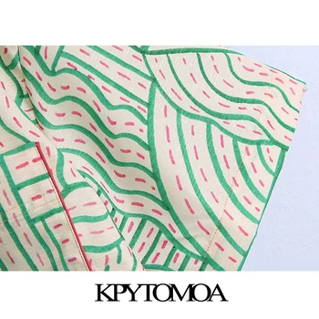 KPYTOMOA Ženske 2021 Modni Z Žepi Natisnjeni Prevelik Rastlinske Vintage Bluze Kratek Rokav Gumb-up Ženske Majice Elegantna Vrhovi