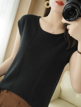 Majica s kratkimi rokavi ženske 2021 novo čistega bombaža T-shirt priložnostne pletene kratkimi rokavi ženske barva krog vratu vrh