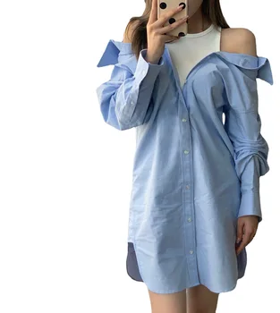 2021 Pomlad Novo Žensk v korejskem Slogu Modre Bluze Telovnik Šivanje Ponaredek Dva Kosa Mid-Dolžina Majica Moda Vrhovi