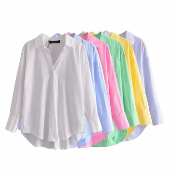 Ženske 2021 Moda Kartuša barvna Svoboden Asimetrične Poplin Vintage Bluze z Dolgimi Rokavi Gumbi Ženske Majice Blusas Elegantna Vrhovi 2340