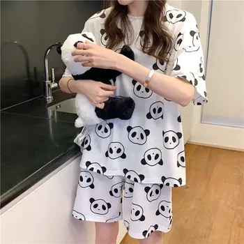 2021 Poletje Pižamo Za Ženske Panda Risanka Natisnjeni Kratek Rokav T Shirt +kratke Hlače Ženske Sleepwear Homewear Obleke Hlače