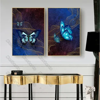 Sodobno Platno Slikarstvo Plakat in Tisk Art Modro Vijoličen Metuljev Zlata Nit za dnevne Sobe, Spalnica Dekoracijo Sten