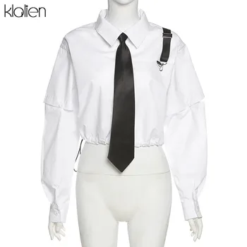 KLALIEN moda preprost kolegij slog trdna bombaž bela ženska majica dolg rokav kravato svoboden sladko srčkan rokavi ženske 2020 nova
