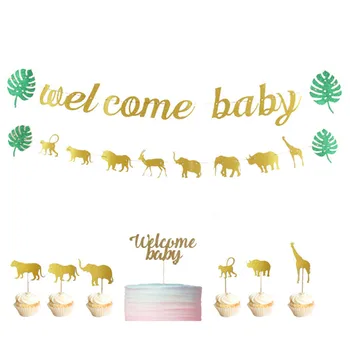 Baby Rojstni Dekoracijo Niz Zastavo Bleščice Papir Želva Nazaj Listov Dobrodošli Baby Živali Zastavo Torto Pokrivalo Dekoracijo Obrti