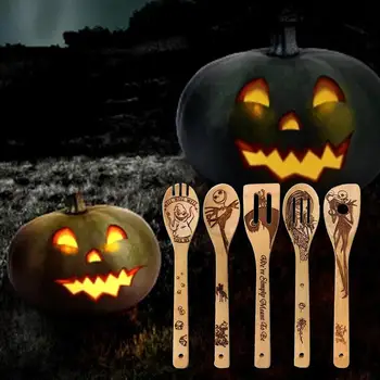 5pcs Halloween Leseno Lopatico Žlico Set Non-Stick Naravnih Kuhinja, Kuhanje Bambusa Utensil Set za Vsakdanjo Rabo