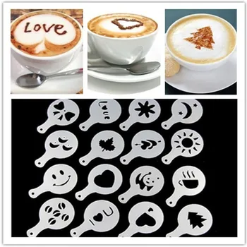16Pcs/Set Fancy Kave, Mleka, Plesni Plastičnih Tiskanje Model Pene Spray Kavo Risanje Cappuccino Plesni, Prahu Sito Kuhinja Orodja