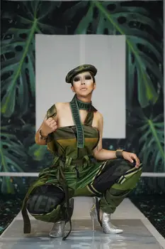 Zeleni Vojaški Slog Svoboden Jumpsuit Ženske Priložnostne Backless Vojske, igralne obleke Hip Hop Pevka Fazi Kostume Klub DJ Uspešnosti Obleke 27584