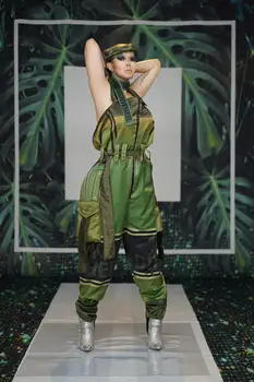 Zeleni Vojaški Slog Svoboden Jumpsuit Ženske Priložnostne Backless Vojske, igralne obleke Hip Hop Pevka Fazi Kostume Klub DJ Uspešnosti Obleke