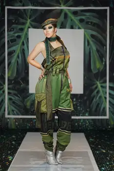 Zeleni Vojaški Slog Svoboden Jumpsuit Ženske Priložnostne Backless Vojske, igralne obleke Hip Hop Pevka Fazi Kostume Klub DJ Uspešnosti Obleke