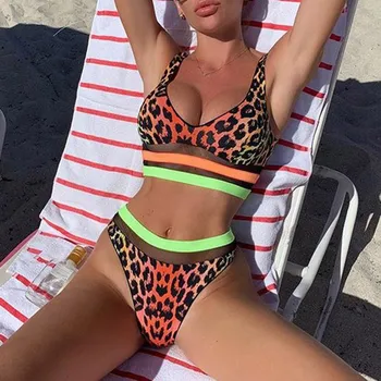 Kopalke 2021 Žensk Seksi Pint Dva Kosa Oranžna Leopard Tiskanja Plošča Bikini Kopalke Obleko ženske Monokin Kopalke Plažo 28088