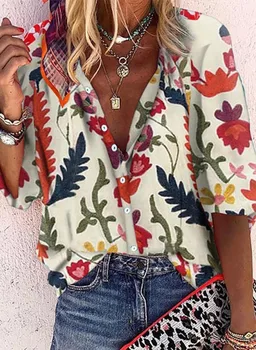 Vrhovi Ženske Bluze Gospe Priložnostne Listov Potiskanih Majic Elegantno V Vratu Vrhovi Letnik Počitnice Stil Long Sleeve 2021 Moda Majice