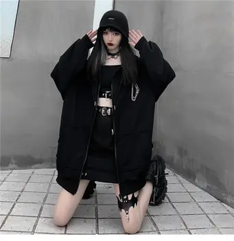 Pomlad Jesen Ženske Harajuku Punk Gothic Dekleta Črni Hudič Rog Hoodies Hooded Majica Japonski Hip Pop Plus Velikost