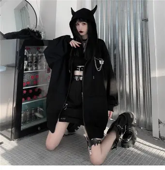 Pomlad Jesen Ženske Harajuku Punk Gothic Dekleta Črni Hudič Rog Hoodies Hooded Majica Japonski Hip Pop Plus Velikost