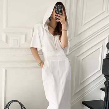 Ženske Obleke 2021 Poletje Koreja Elegantno Preprost Temperament Hooded Velike Zadrgo Žep Design Visoko Pasu Slim Split Dolgo Vestido
