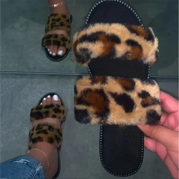 Dvojni Trak Krznen Copate Ravno Čevlji Ženske Puhasto Strani Sandale Ploščo Femme Leopard Tiskanja Zapatillas De Casa Pantoffels Dames