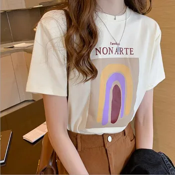 Korejski Slog T-shirt Ženske Poletje Nov Modni Tisk Kratek Rokav Krog Vratu Ženske T shirt Ena Velikost Ženska T-shirt majica