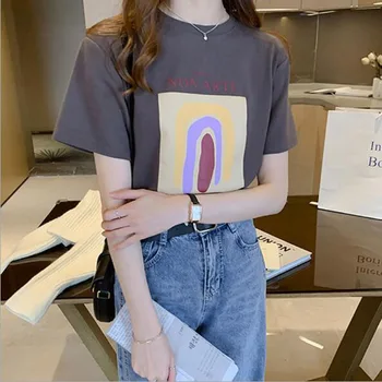 Korejski Slog T-shirt Ženske Poletje Nov Modni Tisk Kratek Rokav Krog Vratu Ženske T shirt Ena Velikost Ženska T-shirt majica