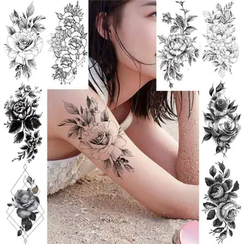 Realno Black Rose Veje Začasni Tattoo Nalepke Za Ženske Odraslih Telo Pasu Umetnosti Ponaredek Tetovaže Cvet Roko, Nogo Tatoos Ličila