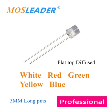 Mosleader 1000pcs 3 mm Ravno top Razpršene LED Bela Rdeča Zelena Rumena Modra Dolge igle F3 Vrh ravno DIP LED Kitajski