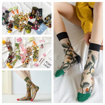 4 parov Yuansu visoke kakovosti ustvarjalne kristalno svile modne nogavice sončnično trto, cvetje, živali, sadje stekla, svile ženske nogavice