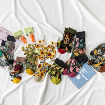 4 parov Yuansu visoke kakovosti ustvarjalne kristalno svile modne nogavice sončnično trto, cvetje, živali, sadje stekla, svile ženske nogavice