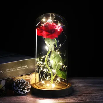 Dropshipping Lepotica in Zver Rdečo Vrtnico v Stekleno Kupolo z LED Luči Leseno Osnovo za valentinovega Darila, Božični Dan 3369