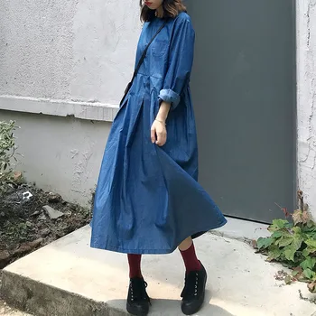Na japonskem Slogu korejski Moda Pomlad Poletje Ženske Obleka Ohlapno Priložnostne Temperament Preprost Barva Kavboj okoli Vratu Dolg Rokav