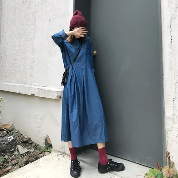 Na japonskem Slogu korejski Moda Pomlad Poletje Ženske Obleka Ohlapno Priložnostne Temperament Preprost Barva Kavboj okoli Vratu Dolg Rokav