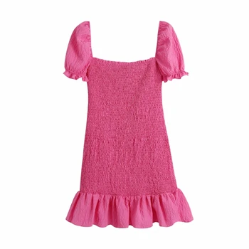 Poletje Ženske Stretch Naguban Pink Slim Mini Obleka Ženska Puff Rokav Oblačila Za Prosti Čas Lady Vestido D8011 35852