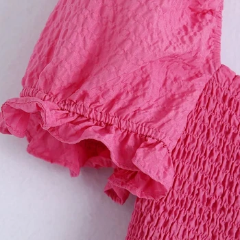 Poletje Ženske Stretch Naguban Pink Slim Mini Obleka Ženska Puff Rokav Oblačila Za Prosti Čas Lady Vestido D8011