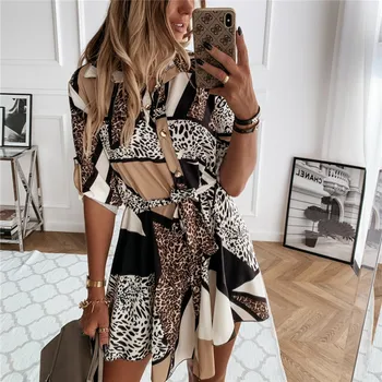 WJFZQM Moda za Ženske Leopard Print Majica Dress Vintage Živali Vzorec Ženske Obleke Gumb Dolg Rokav Bohemian Oblačenja Vestidos