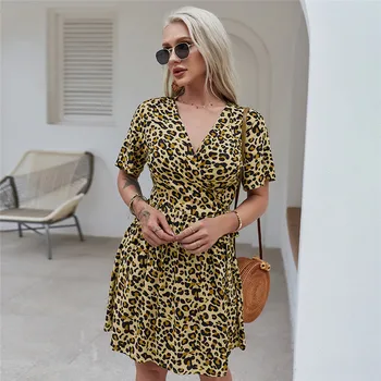 Pomlad Novo Leopard Tiskanja Obleka Ženske 2021 Priložnostne V Vratu Seksi Visoko Wasit Poletje Obleko Dame Svoboden Skladu Kratke Obleke