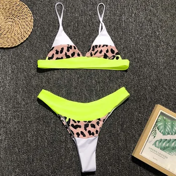 Seksi Neon Leopard Visoko Pasu Bikini 2021 Ženske Kopalke Ženske Tangice Kopalke Bather Visoko Rez Bikini Komplet Push Up Kopalke 3820